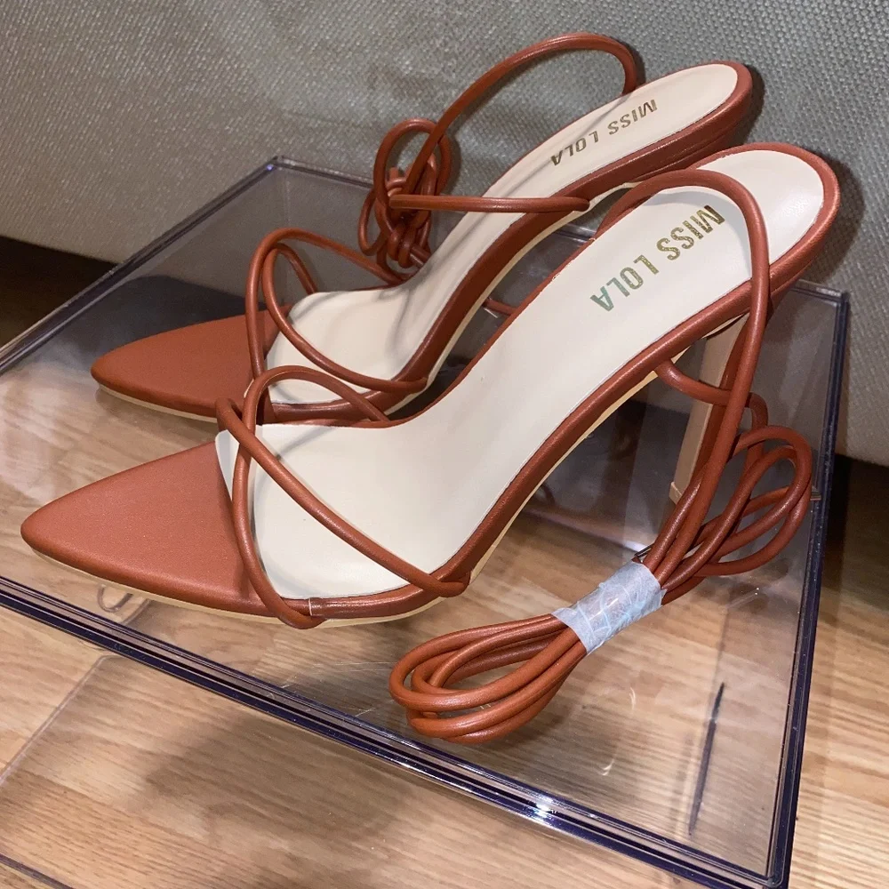 Brown Lace-Up Heels - Picture 1 of 8